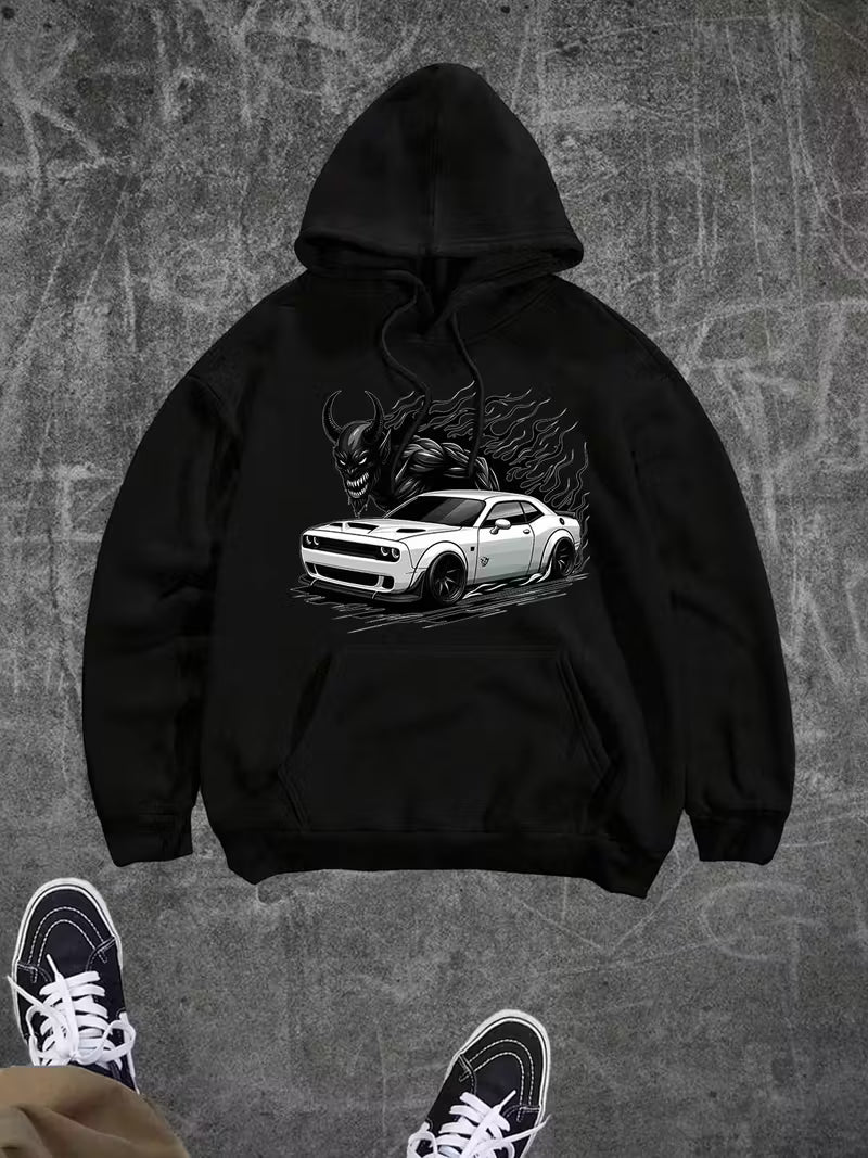 Devil’s Machine” Hoodie – Bold Graphic with Fiery Muscle Car | Casual Streetwear for Car Enthusiasts