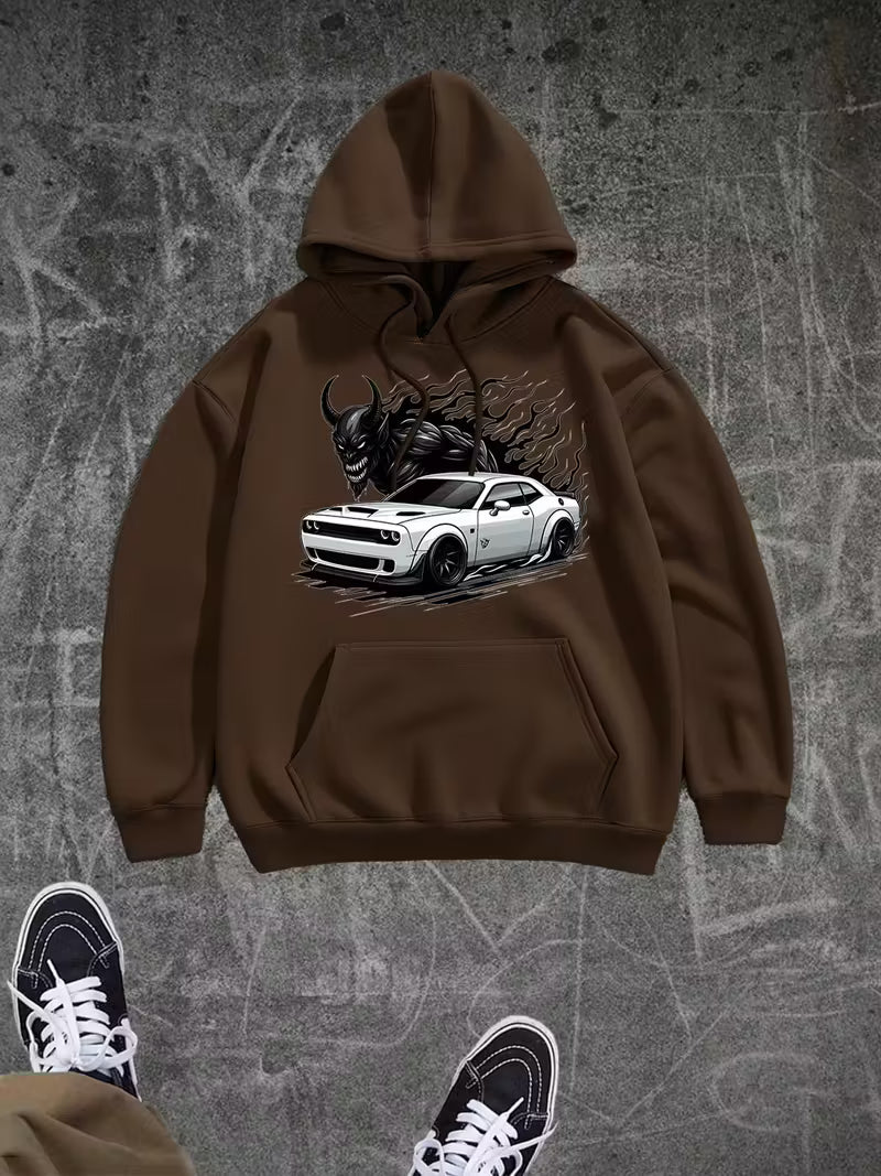 Devil’s Machine” Hoodie – Bold Graphic with Fiery Muscle Car | Casual Streetwear for Car Enthusiasts