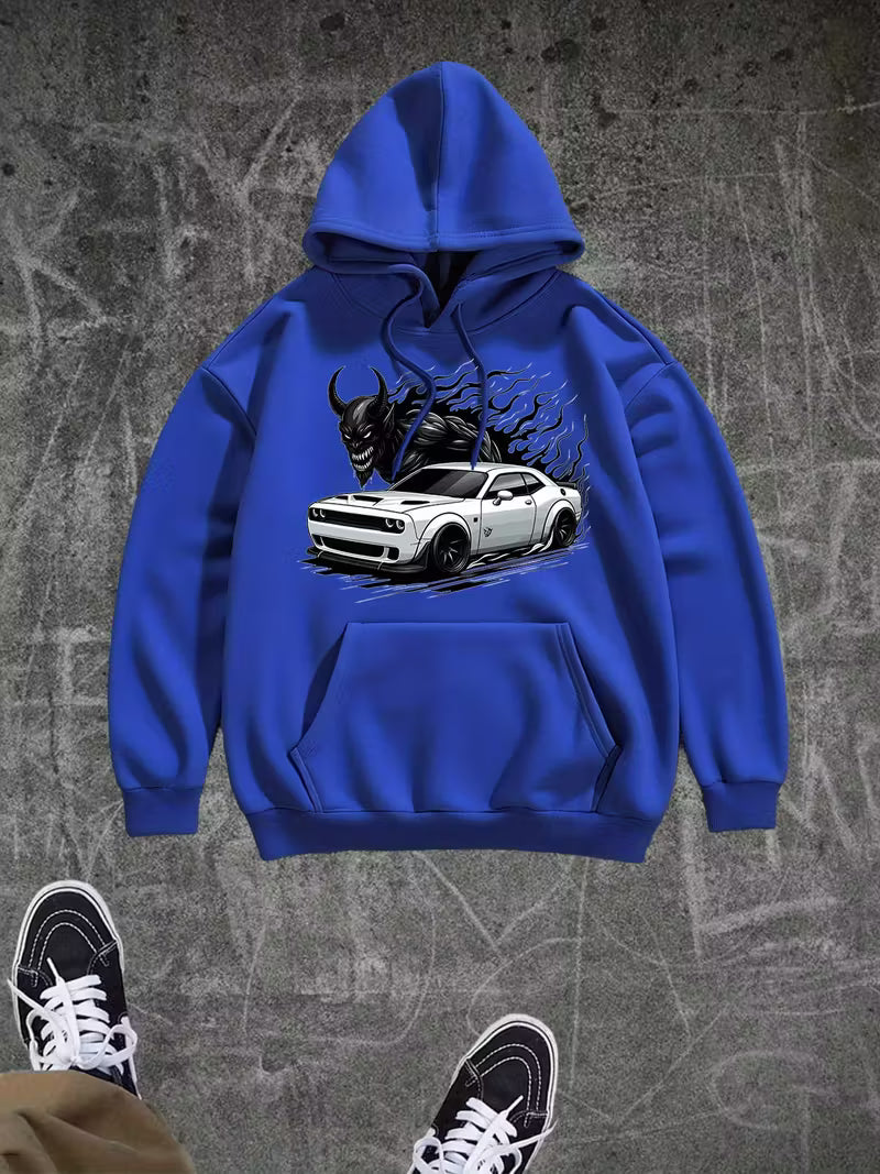 Devil’s Machine” Hoodie – Bold Graphic with Fiery Muscle Car | Casual Streetwear for Car Enthusiasts